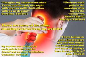 Multiple customer reviews praising millet hull pillows for neck pain relief and improved sleep comfort.