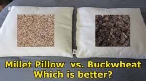 Side-by-side image comparing millet pillow and buckwheat pillow highlighting softness and noise differences.